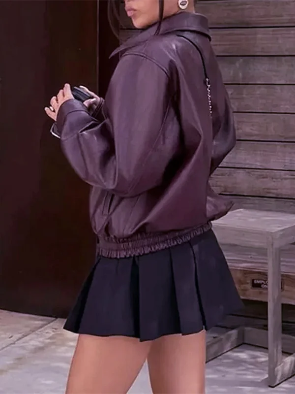 Jaet en cuir rouge femmes automne hiver nouveau Sle américain rétro Simple col rabattu Long Sve fermeture éclair manteau en cuir synthétique polyuréthane