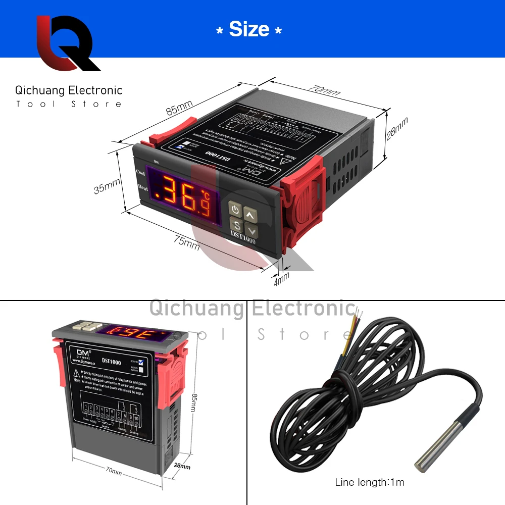 Termostato digital com display led, controlador de temperatura, sensor, incubadora de temperatura, dst1000, dc 12-72v, ac 110v-220v,-50 ~ + 120c