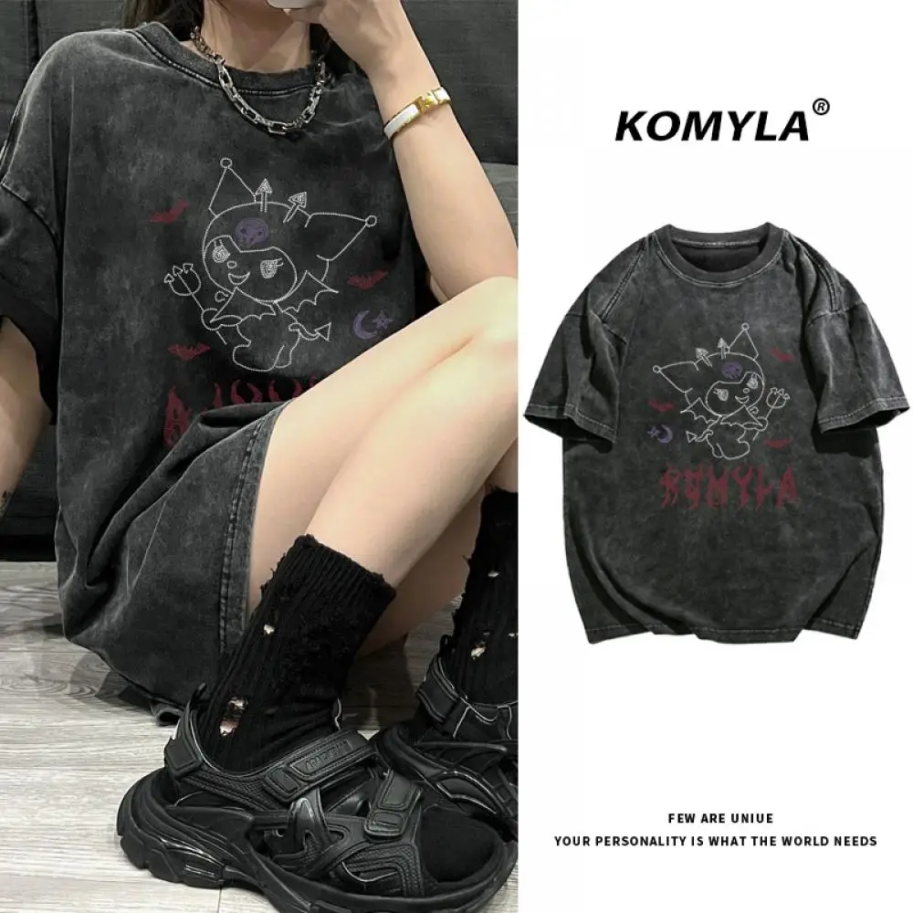 Sanrioed Kuromi Anime T-Shirt Kawaii Wash Black Short Sleeves Summer Tops Loose Personality Girls Student Lovers Fashion Trend