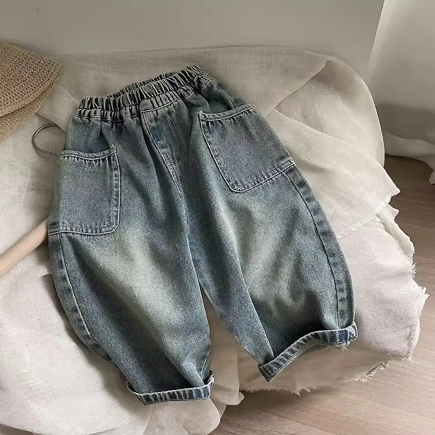 2025 Spring Autumn Kid Boys Denim Pants Elastic Waist Casual Baby Boys Trousers Side Pocket Polished White Children Boys Pants
