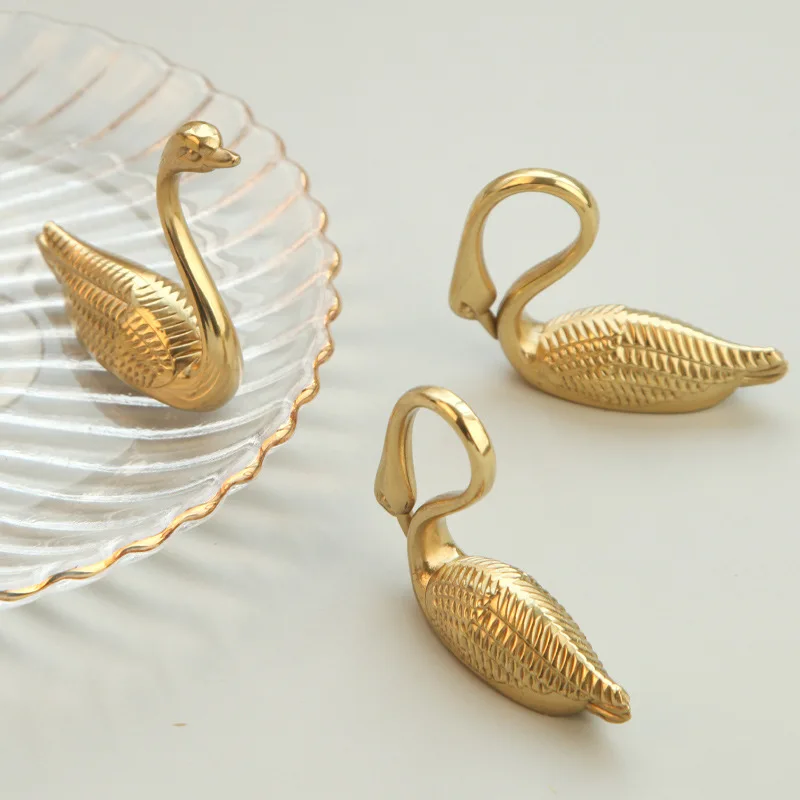 4PCS / 4Pairs Solid Brass Swan Furniture Pulls Knobs Drawer Knobs Cupboard Wardrobe Closet Dresser TV Wine Cabinet Pulls Handles