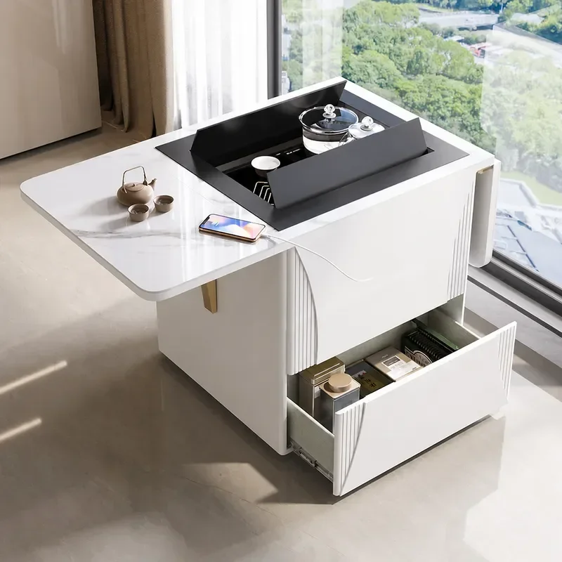 Multifunctional Folding Lifting Tea Table with Chairs Light Luxury Rock Slab Mobile Cart for Small Apartment Balcony Dual