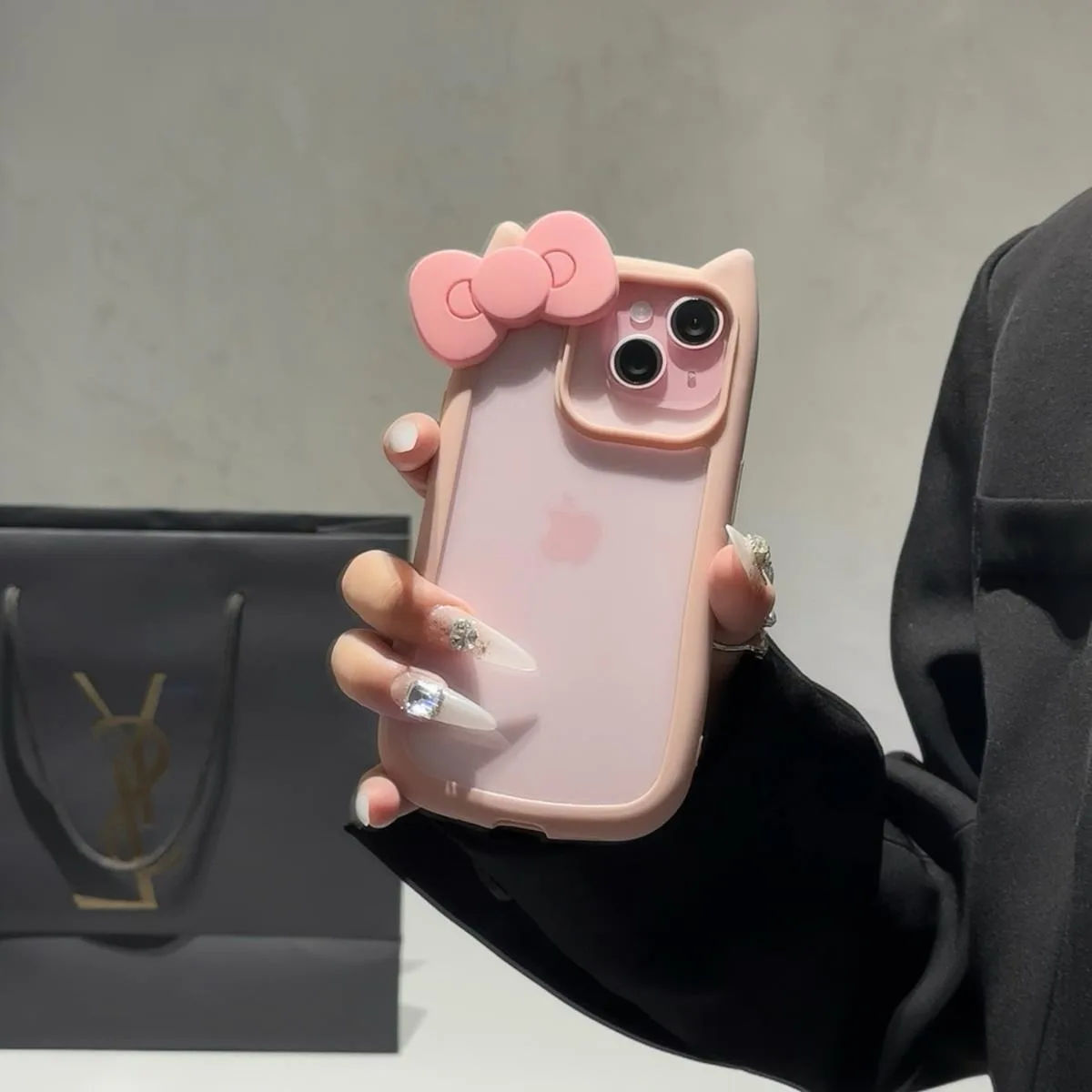 Cute Bowknot Soft Silicone Cat Ear Clear Shockproof Case For iPhone 15 14 13 12 11 Pro Max 15Plus Bumper Hard Acrylic Back Cover