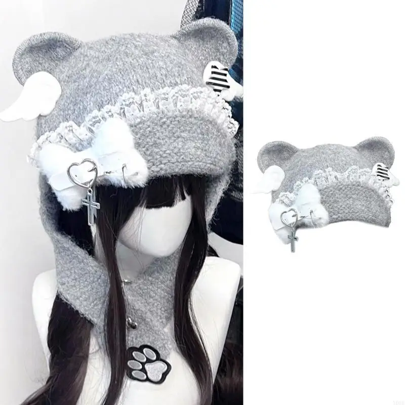 冬の漫画キャップ耳レース付きハロウィン毛皮のような骨ユニセックス冬のヘッドギアアクセサリー屋外使用-y08e