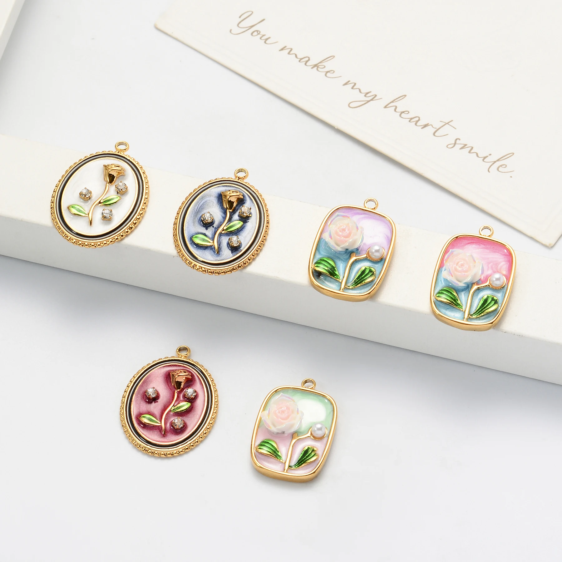 8Pcs Relief Rose Frame Charms Stainless Steel Flower Enamel  Accessories for Making Necklace Earrings Pendant Wholesale