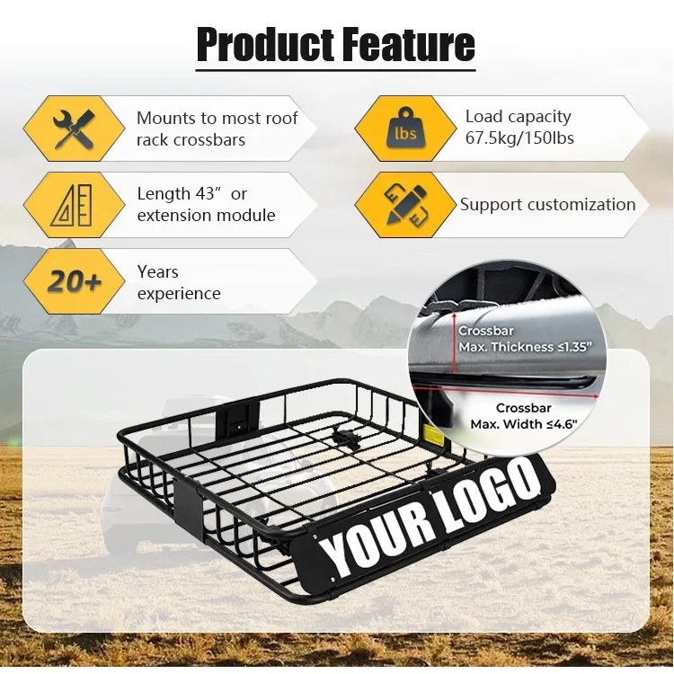 43 Inch 4x4 iron steel extension offroad suv car top roof universal luggage bag cargo rack holder carrier basket