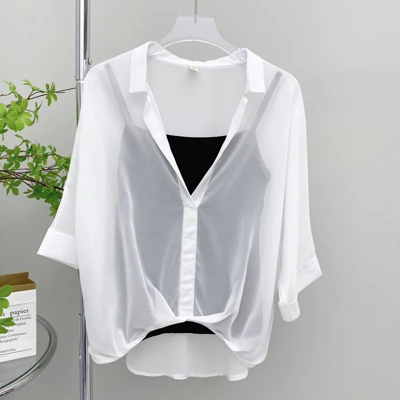 Camisa de gasa para mujer, camisa holgada de manga corta de murciélago, estilo coreano, novedad de verano, 2024