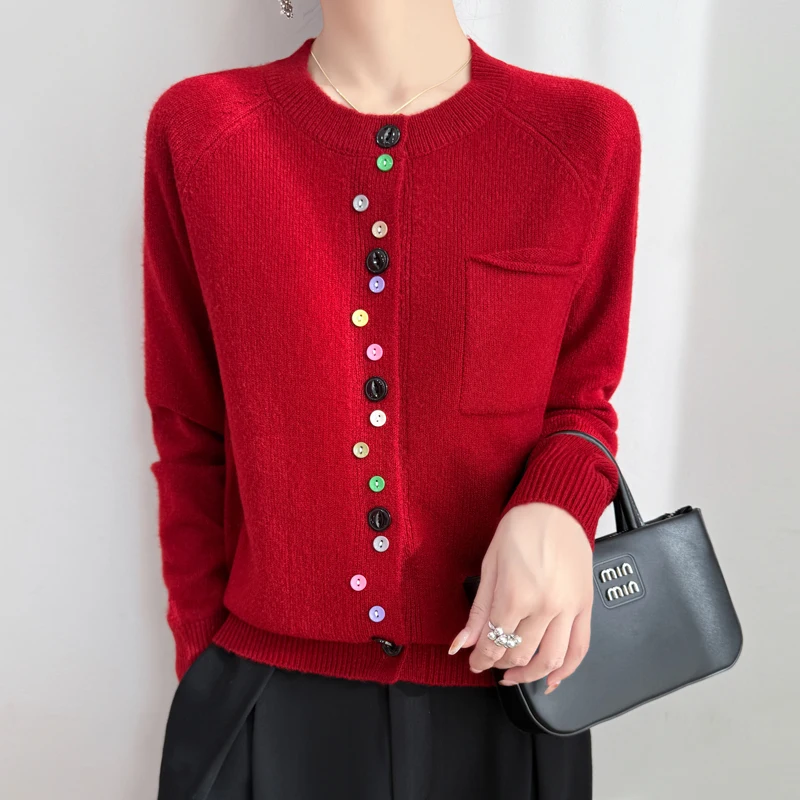 2025 New Spring And Autumn Women's Wool Round Nneck Cardigan Commuter Color Button Solid Color Long Sleeve Knitted Cardigan