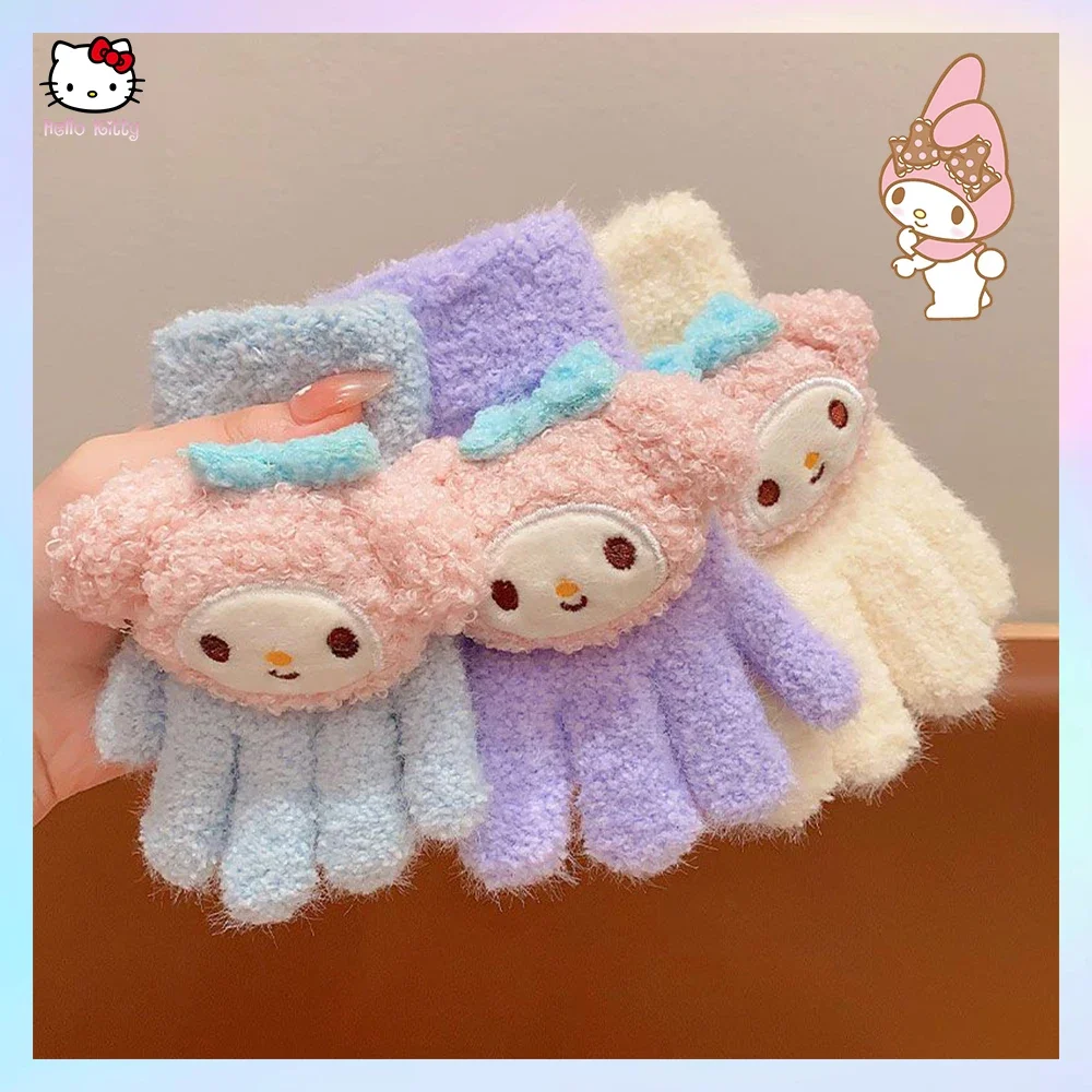 Anime Sanrios Cinnamoroll Kuromi Melody Cartoon Warm Gloves for Kids Cute Flip Half Finger Gloves Kawaii Girl Thick Gloves 3-12Y