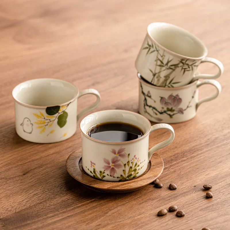 Hand-painted Magnolia Coffee Cup and Saucer Set Latte Cup Exquisite High-end Afternoon Tea Ceramic Mug