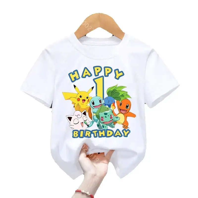 Happy Birthday T Shirt Cartoon Pikachus Squirtles Cute T Shirt for Boys Pokemons Summer Student Clothes Tops Anime Short Sleeve