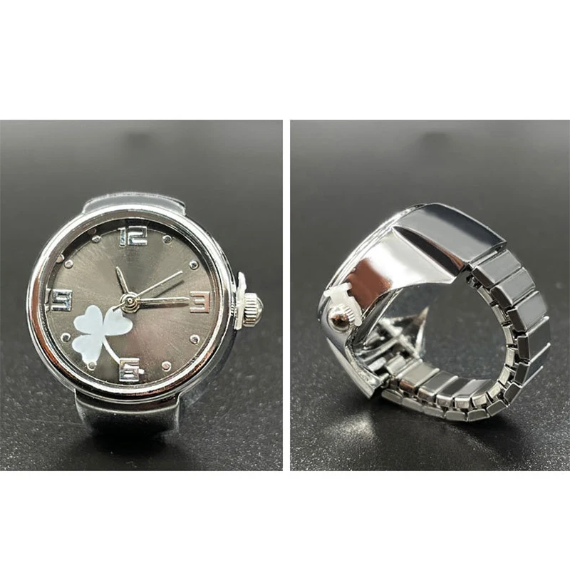 WLP Vintage Punk Quartz Watch Finger Rings Women Men Couples  Mini Elastic Strap Alloy Watches Leaf Clock Ring Rman Jewelry Gift
