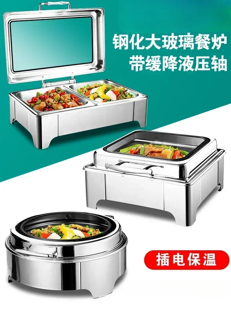 Stainless steel hydraulic buffet warming stove. Commercial use with visible flap. Buffet stove. Electric heating.