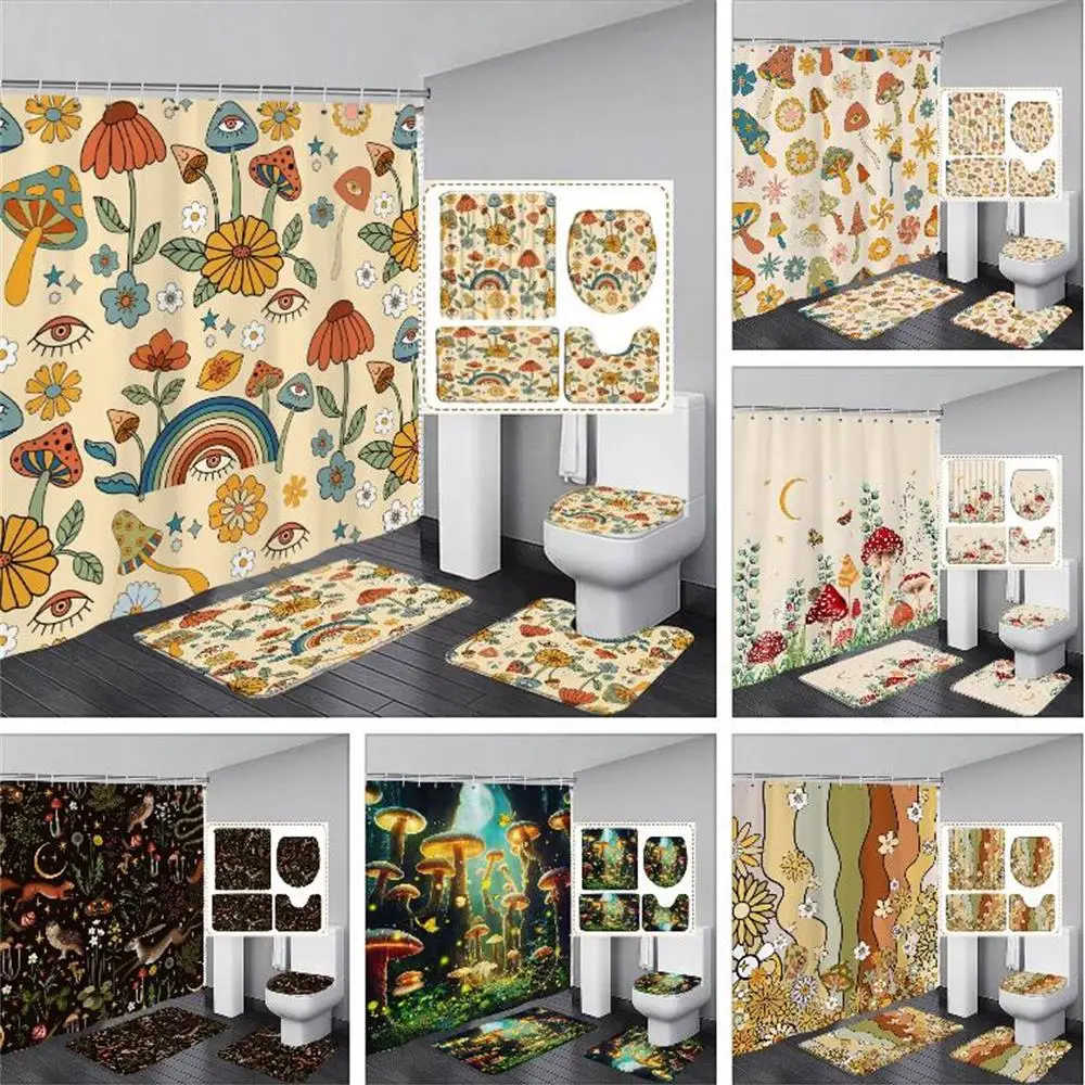 Mushroom Shower Curtain Rug Bathroom Set Vintage Butterfly Flower Bohemian Moon Botanical Wildflower Aesthetic Bathroom Decor