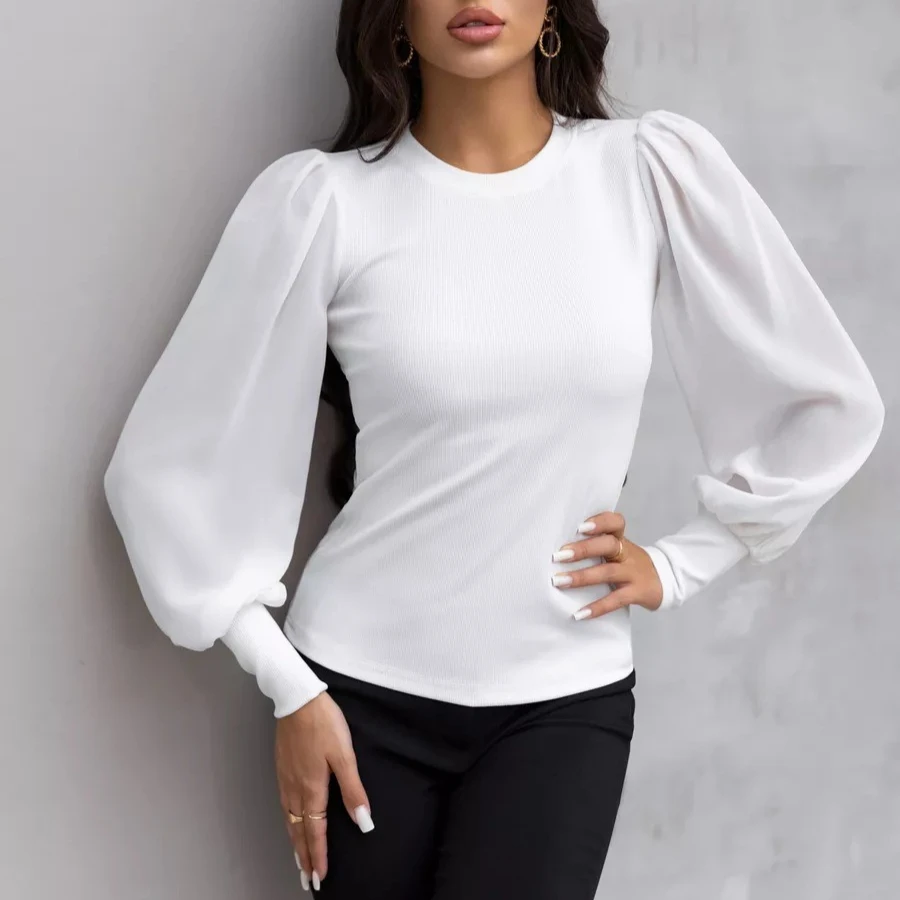 

Tinaa 4colors Puff Sleeve T-shirt 2025 Slim Fit O Neck Solid Color Office Lady Simple Patchwork Chiffom Sleeve Pullovers Tops