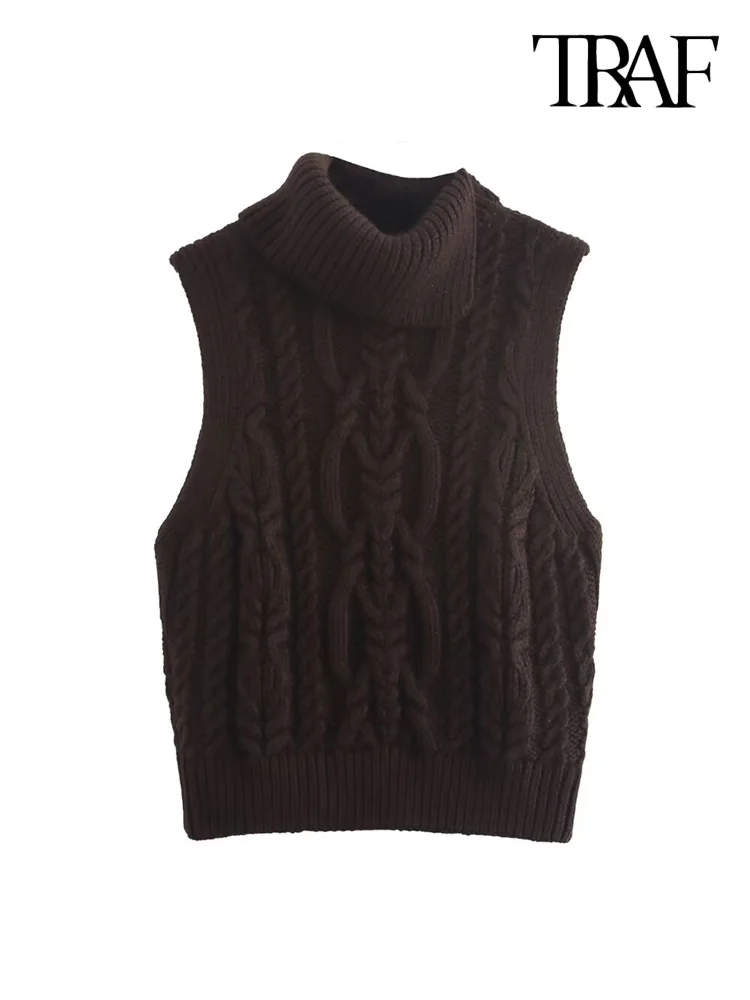 TRAF-Women's Ribbed Trims Cable-Knit Vest Sweater, High Neck, Sleeveless, Female Waistcoat, Chic Tops, Fashion