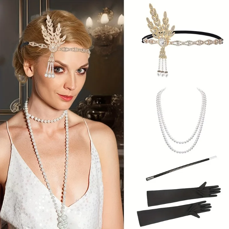 4PCS 1920s Women Flapper PartySet for Halloween Cosplay  Double Strand Pearl  Satin Long Holder Alloy Metal  Dinner Dress-up Kit