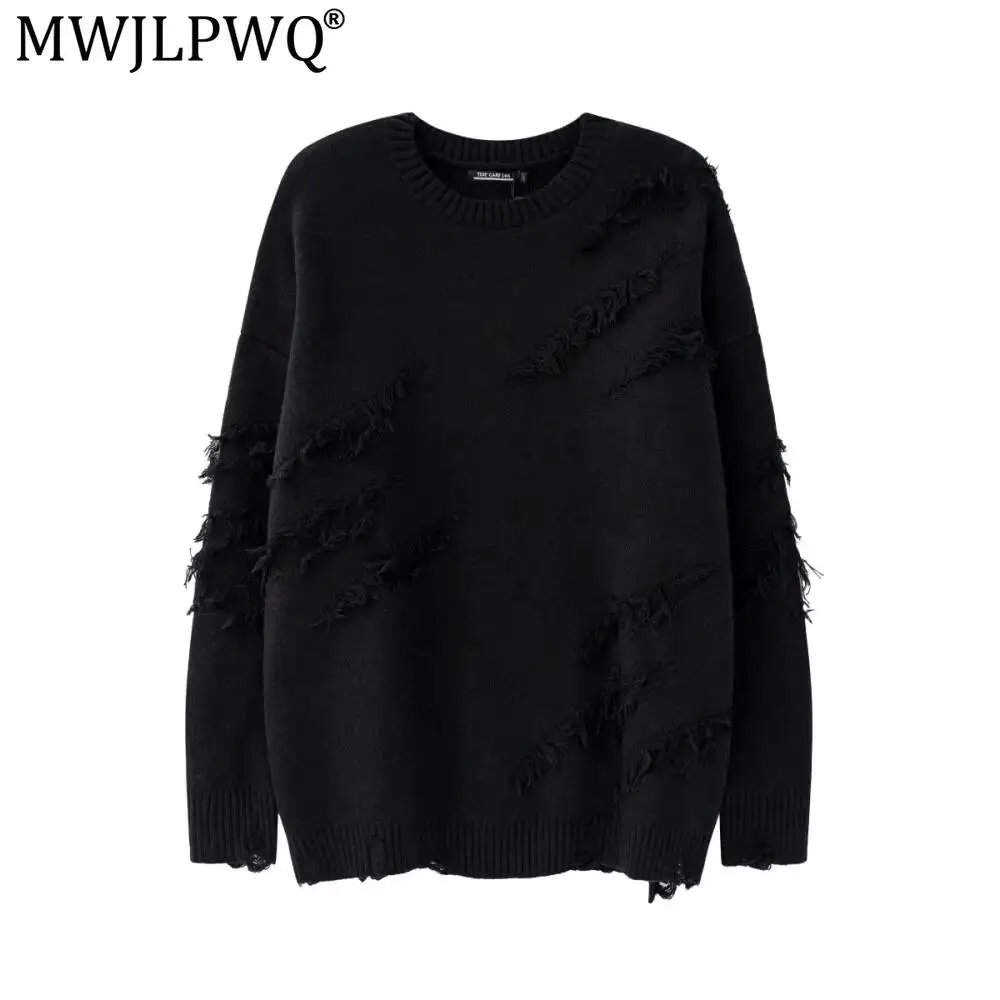 MWJLPWQ Spring Autumn American Retro Distressed Tassel Sweater For Men Casual Split Knit Design Trendy Loose Tops Chic New 20178