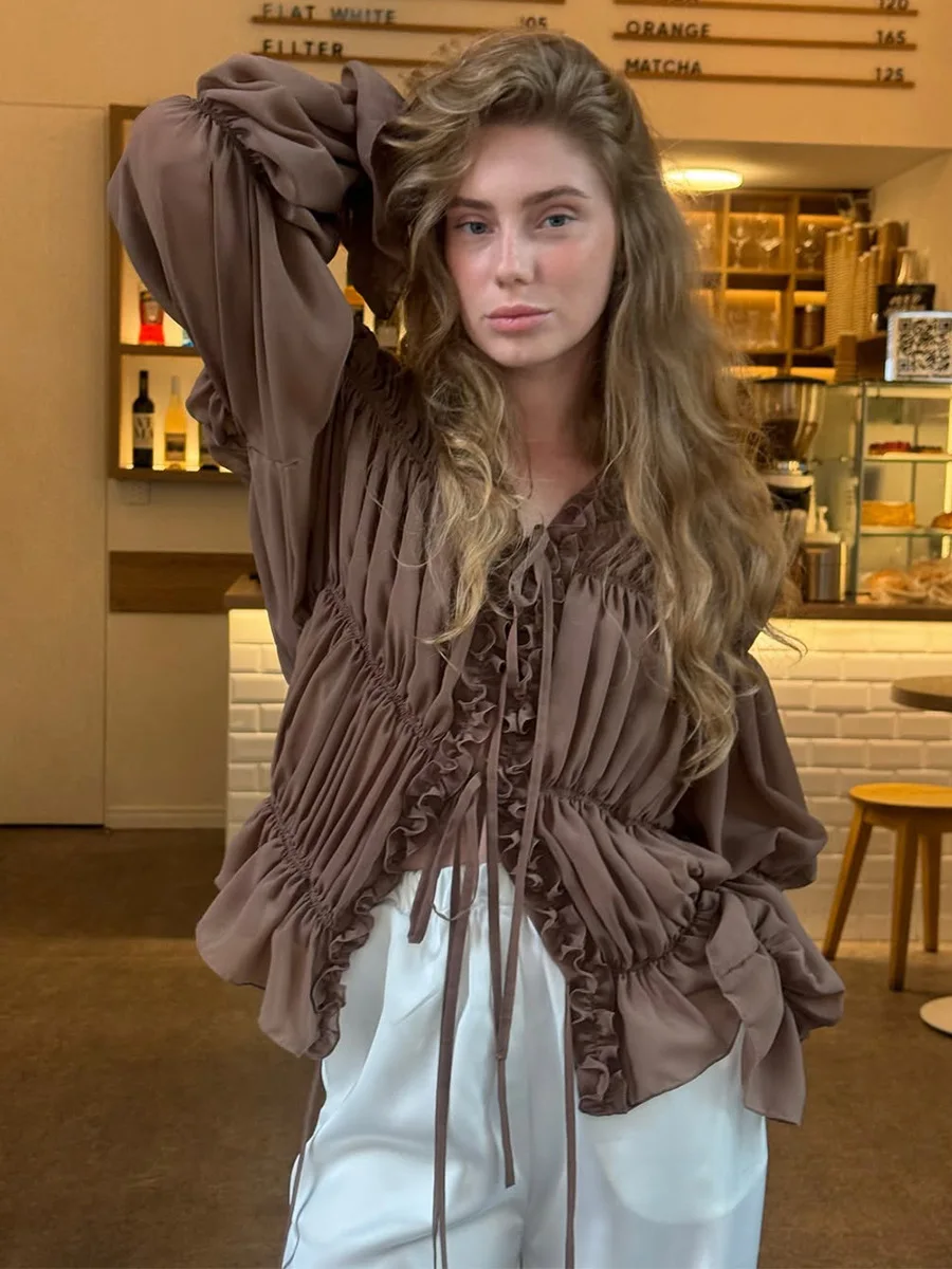 

Bornladies, весна-лето 2026, новая женская прозрачная блузка со рюшами, однотонная блузка с рюшами и рюшами на шнуровке, драпированная блузка с завязками спереди