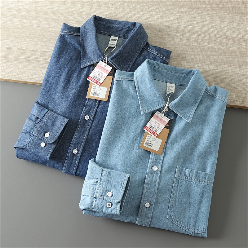 

Мужская винтажная джинсовая рубашка из хлопка с длинным рукавом, универсальная, цветная, осенняя верхняя одежда, модный городской стиль, для повседневной носки