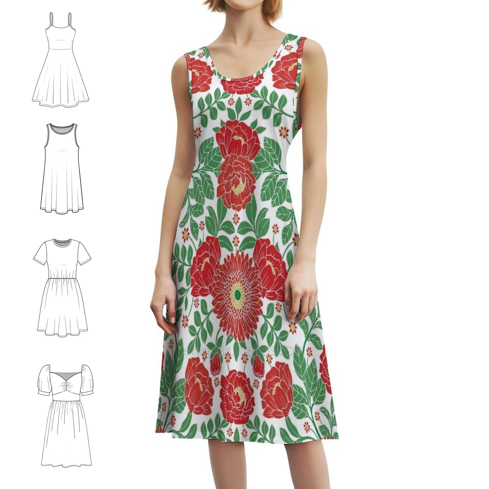 

Holiday / Christmas Red & Green Floral Pattern Korean Style Dress For Women Elegant Casual Dress For Party Or Daily Wear Red