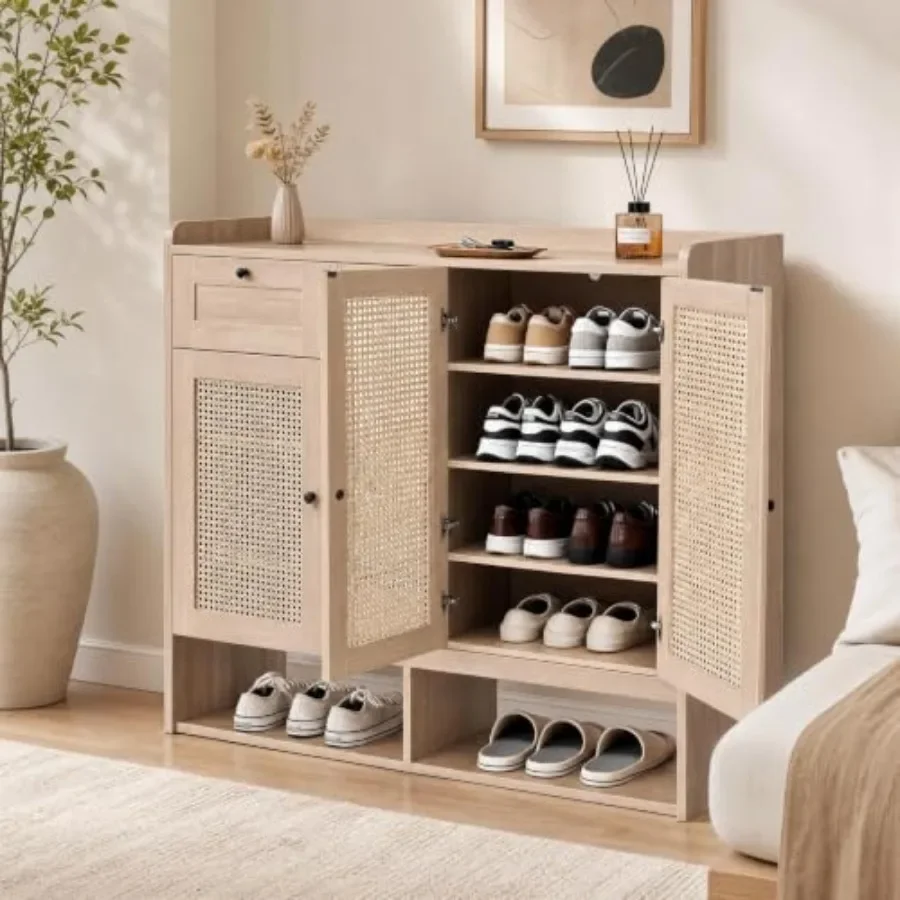 Rattan Shoe Cabinet with Drawer, 3 Doors and 5-Tier Storage for Entryway Natural Woven Texture, Beige Tone, Space-Saving Ventil