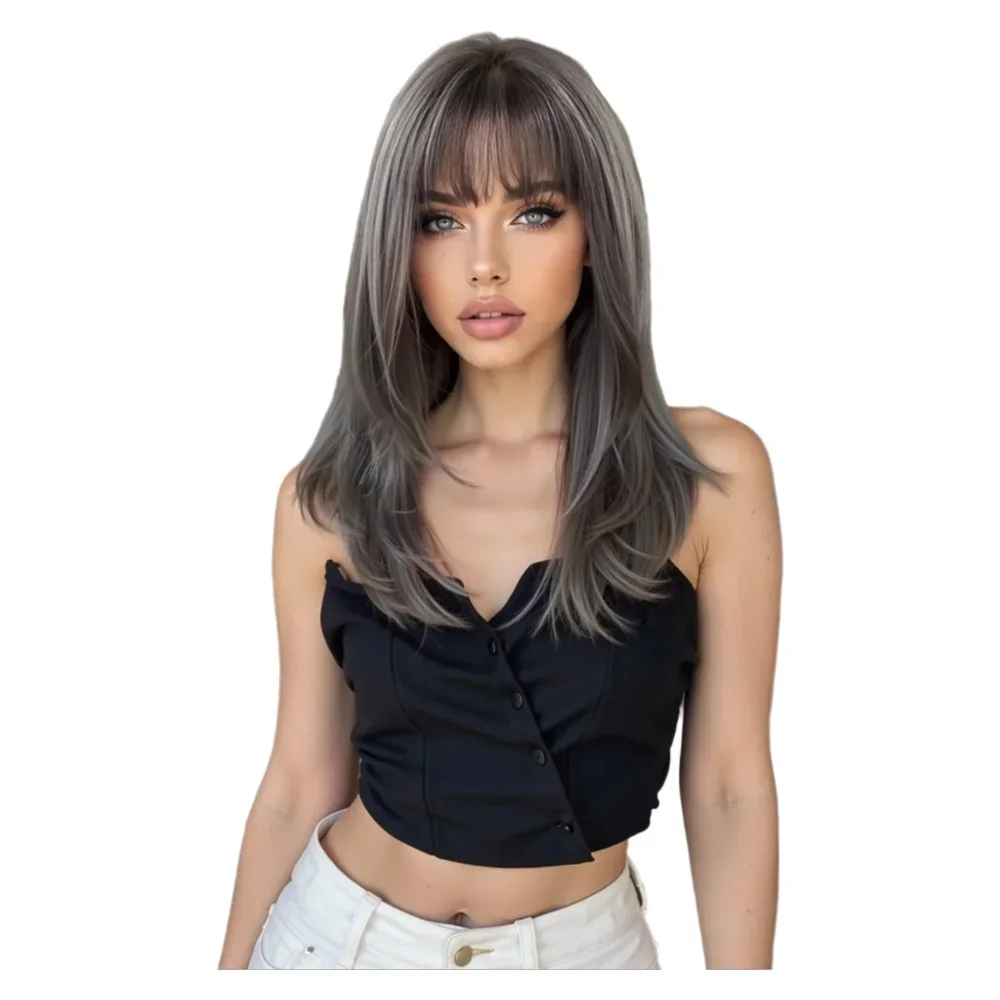 Dark Gray Silver Highlight Medium Layered Synthetic Wig