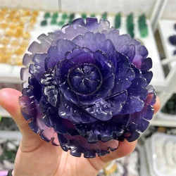 Natural Purple Fluorite Flower Carving Peony Flower Energy Gem Reiki Healing Home Decoration Gift Collection 1pcs 10CMX10CM