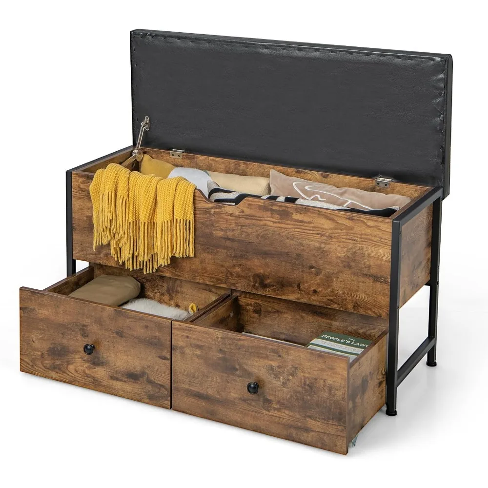 

Storage Ottoman Bench with Drawers, Flip-top Wooden Shoe Storage Bench with Padded Seat, 2 Drawers on Wheels, Industrial
