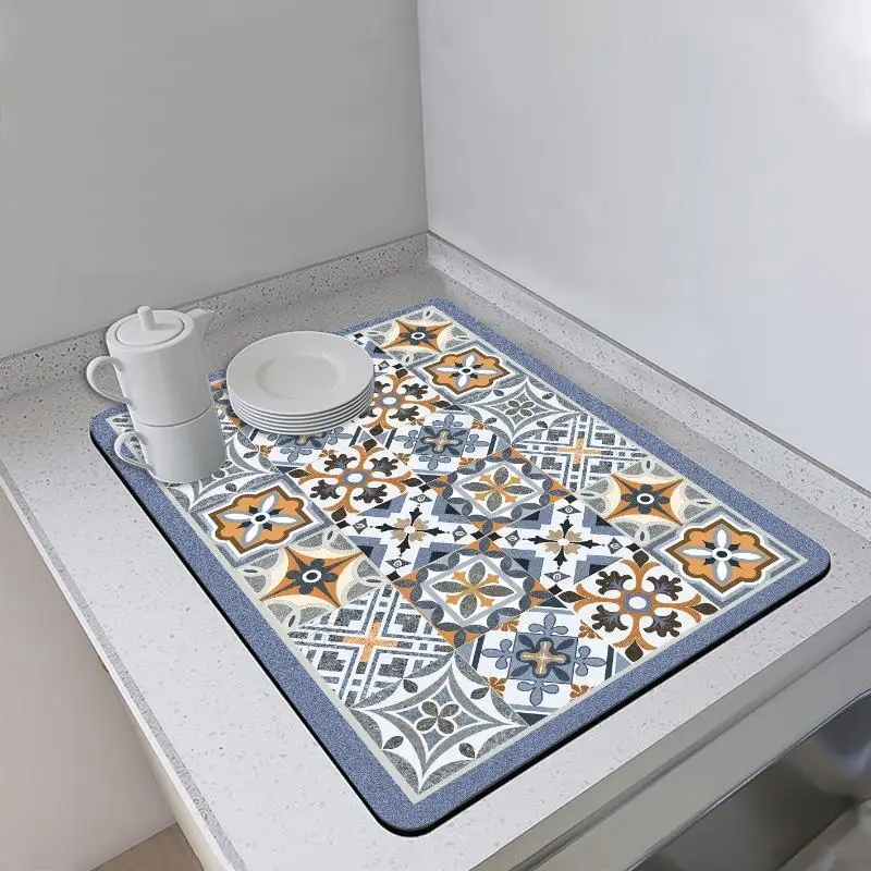 Retro Tile Pattern Diatomite Water Absorbing Mat 40x60cm Quick Dry Non Slip Heat Resistant Drain Pad For Kitchen Household Decor