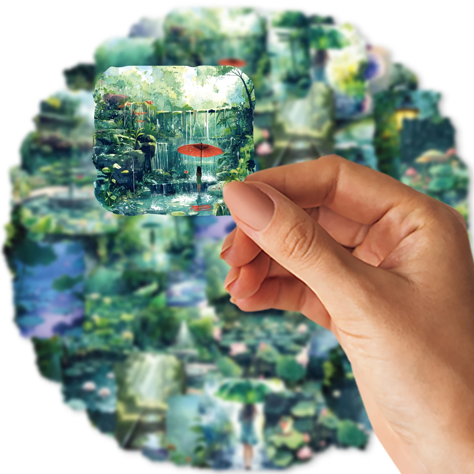 40 Uds. De pegatinas de escena de lluvia de loto de campo para ordenador portátil, equipaje, fundas de teléfono, diario, decoración del hogar, paquete de pegatinas de juguete clásico para niños