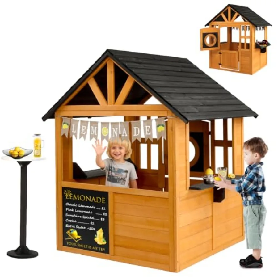 Outdoor kids wooden lemonade stand for ages 3-8, light brown, with 50 accessories, lemon sign banner and split door for imagina