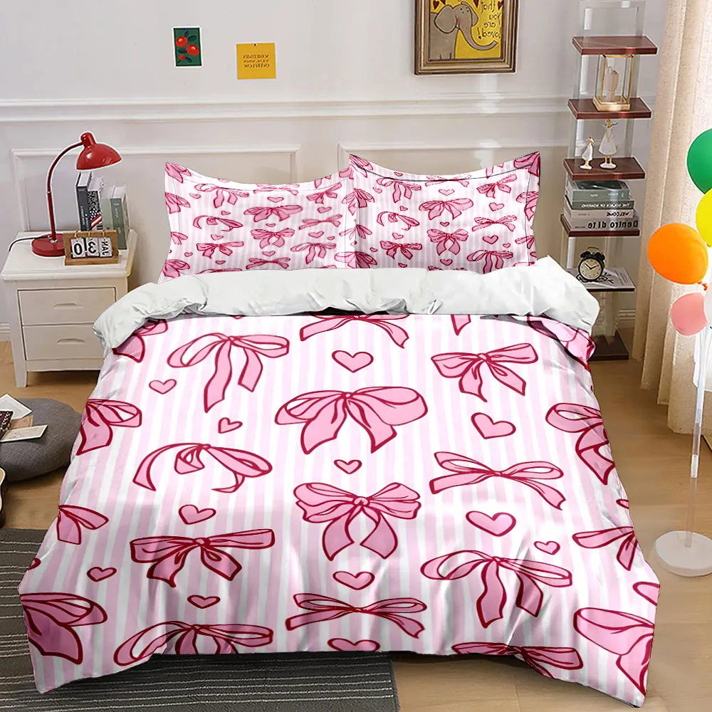 Pink bows with heart patterns Pattern Duvet Cover Set Digital Print Colorful Polyester Bedding with Zipper Closur for kids gifts