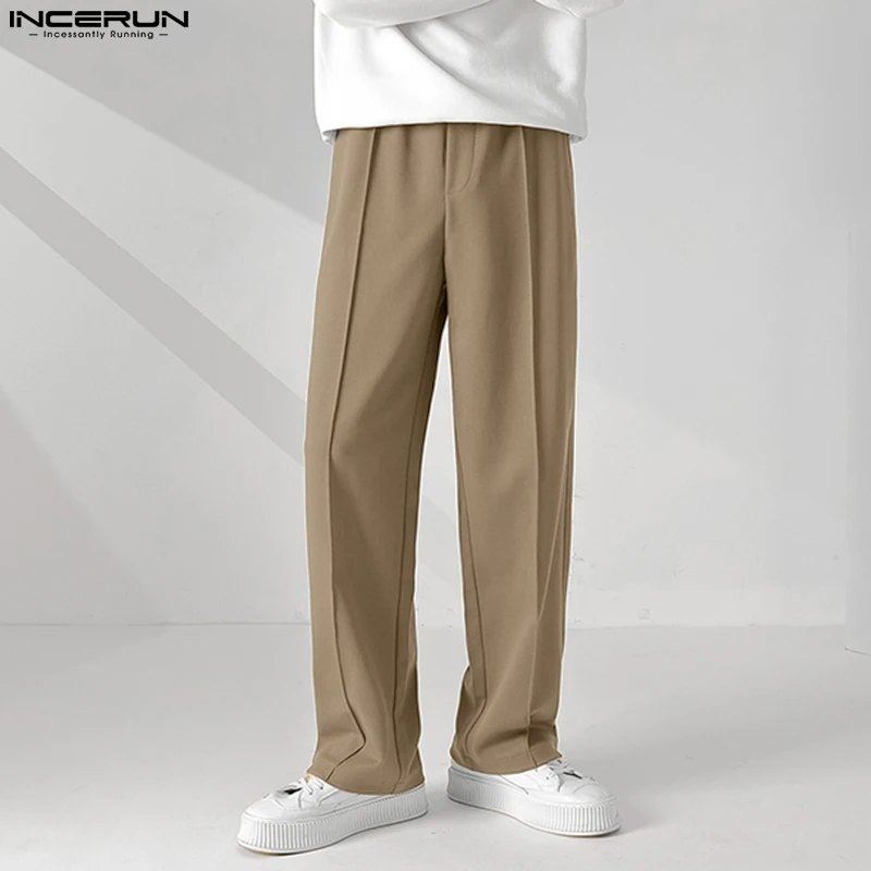 INCERUN Men Casual Pants Solid Color Joggers Loose Elastic Waist Straight Trousers Men Streetwear 2024 Fashion Korean Long Pants