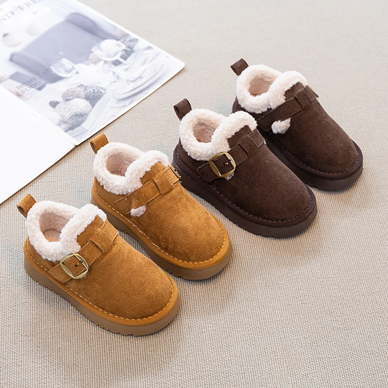 Girls Fur Collar Leather Boots 2026 New Winter Kids Warm-lined Boots Non-slip Simple Trendy Girls School Snow Boots Daily Wear