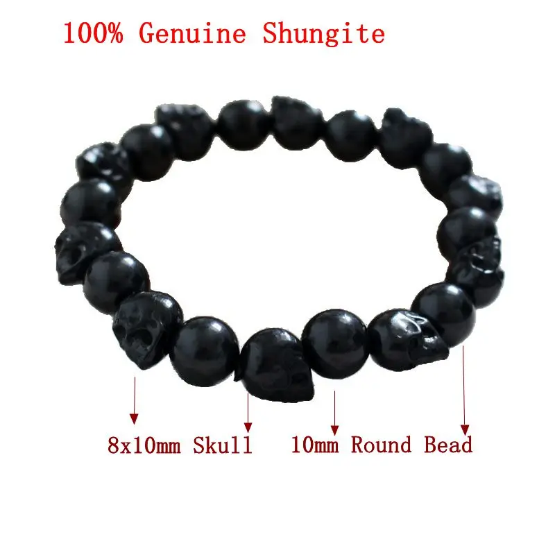 100% Russia Shungite Bracelet,10mm Round Mixed Skull Craved Gemstone Jewelry Bracelets,5G Protection