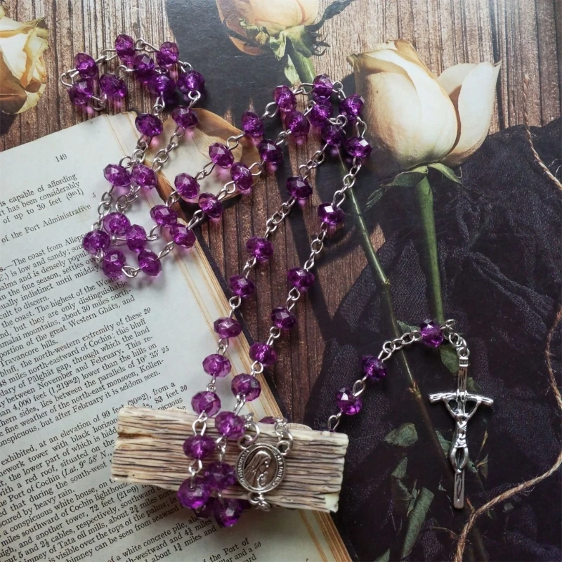 Purple Bead Cross Rosary Necklace Holy Jewelry Charm Ornament Decor for Birthday Wedding Festival Party Decorations