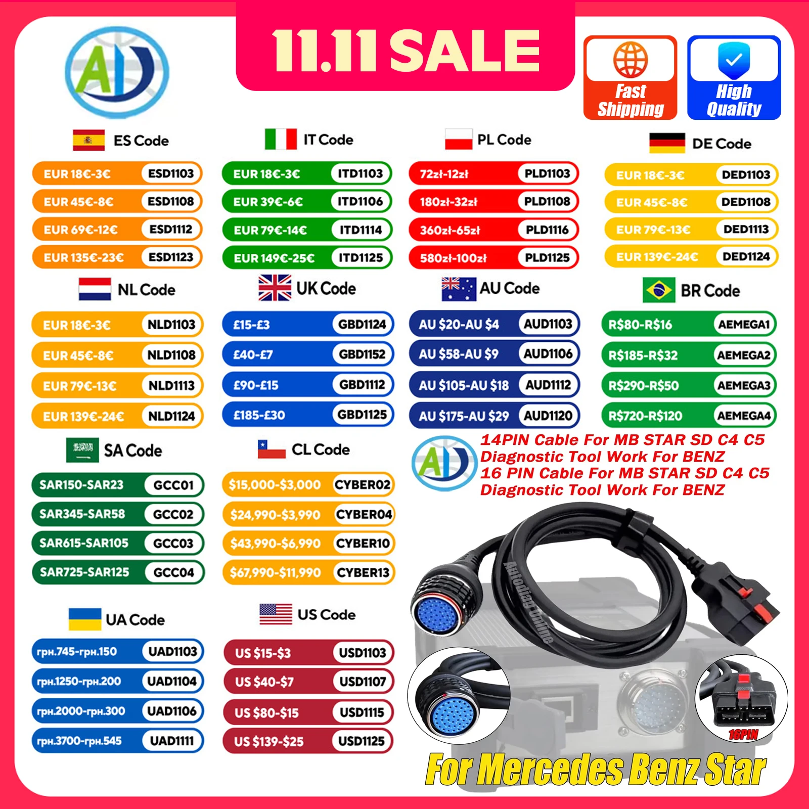 OBDII Adapter Cable 14Pin to 38Pin For MB Star SD C4 C5 Diagnostic Scanner Connector 16Pin to 38Pin For Mercedes Benz OBD2 Scan