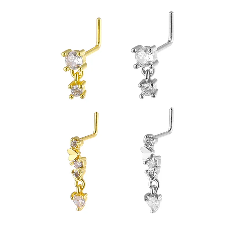 Stainless Steel Long Fashion Nose Rings for Women Copper with CZ Heart Dangle L-Bend Nose Piercing Jewelry Body Jewelry