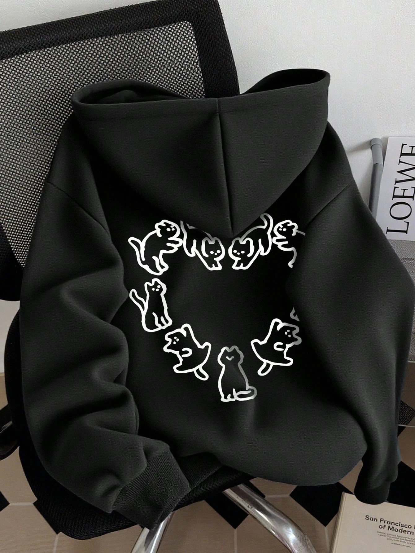 Solid Black Hooded Sweatshirt with Adorable Cartoon Cats Pattern Soft and Comfortable Pure Cotton Material Stylish and Casual