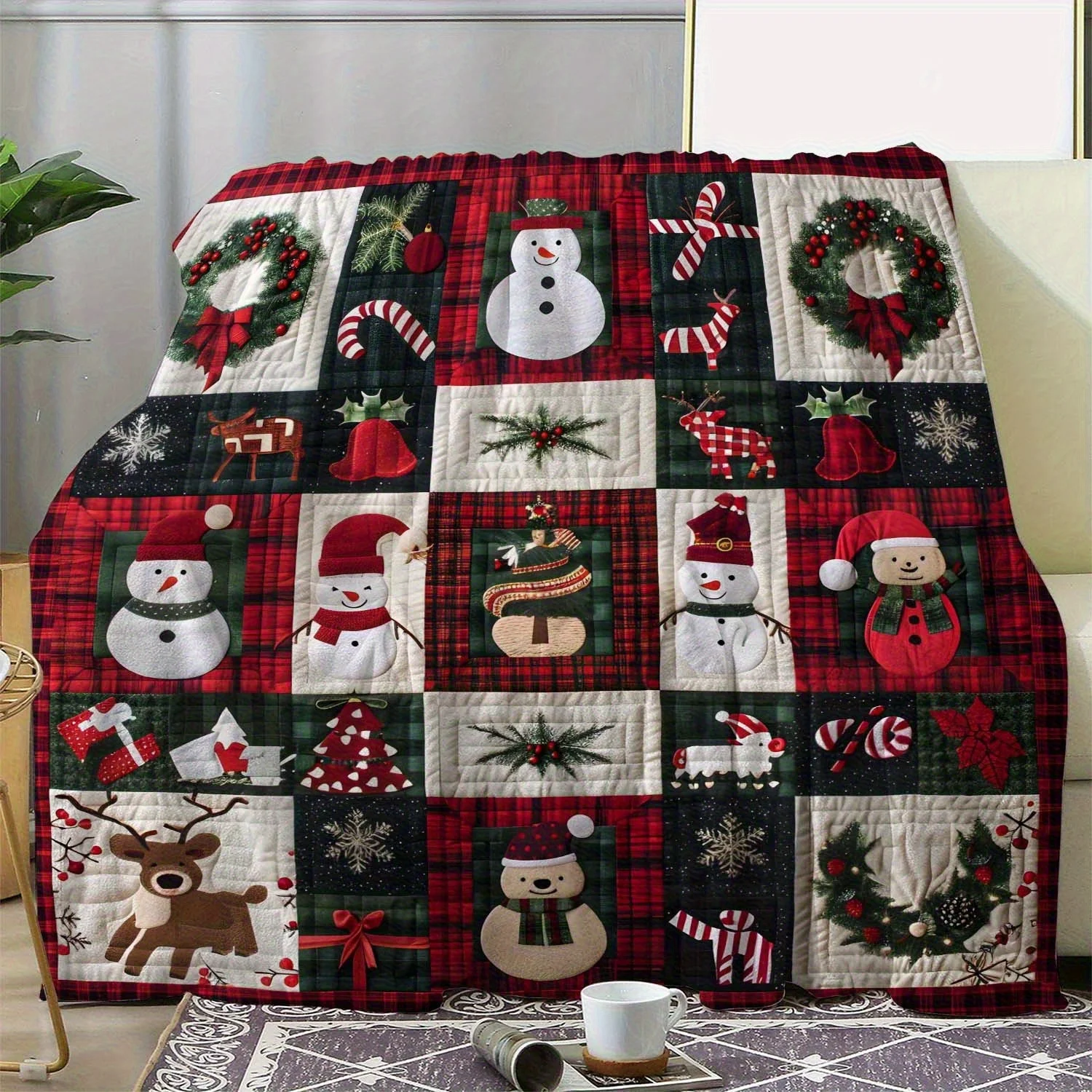 Vintage Christmas Quilt Blanket Cozy Soft Flannel Flannel Throw with Festive Holiday Print, All-Season Multipurpose Cover, Digit