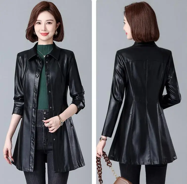 Neue Frauen Frühling Herbst Leder Mantel Lässige Mode Drehen Unten Kragen Medium Lange Lose Trenchcoat