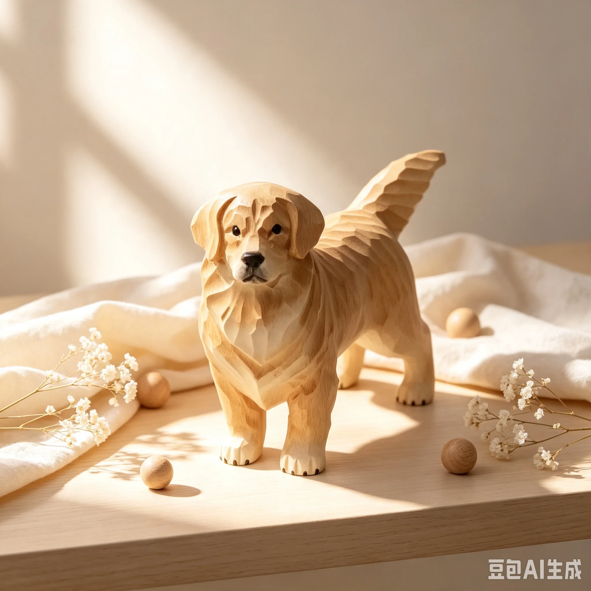 JIE-Handmade Natural Wood Golden Retriever Dog Figurine Statue Decorative Sculpture for Living Room Desktop Home Decor Gift