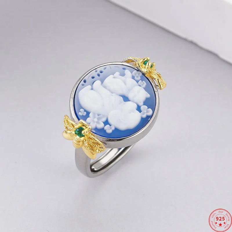 

S925 Sterling Silver Charms Rings for Women Contrast Colored Bees Inlaid Blue Agate Little Dogs Cats Fashion Jewelry Wholesale