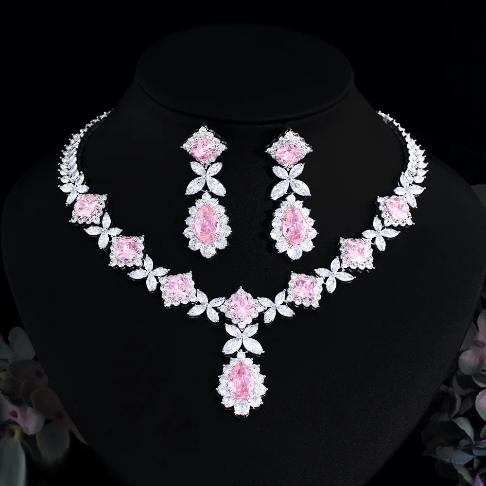 

Luxury Big Pink CZ Cubic Zircon Women Wedding Costume Jewellery Necklace 2 pcs African Dubai Bridal Party Jewelry Sets LYT0312