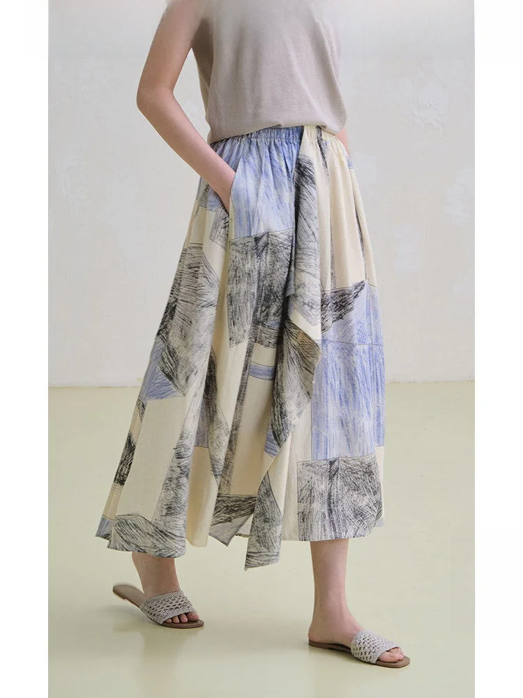 

Travel Original Silk Art Printing Deconstructed A-Line Skirt Women's Summer High-Waisted Moisture-Wicking Linen Blend Skirt