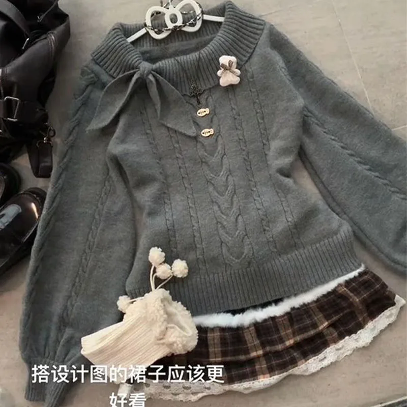 Japanese Cute Sweet Girls Bow Sweater Woman Fashion Pullover Elegant Knitwears Autumn Winter Lady Waist Slimmings Knitted Tops