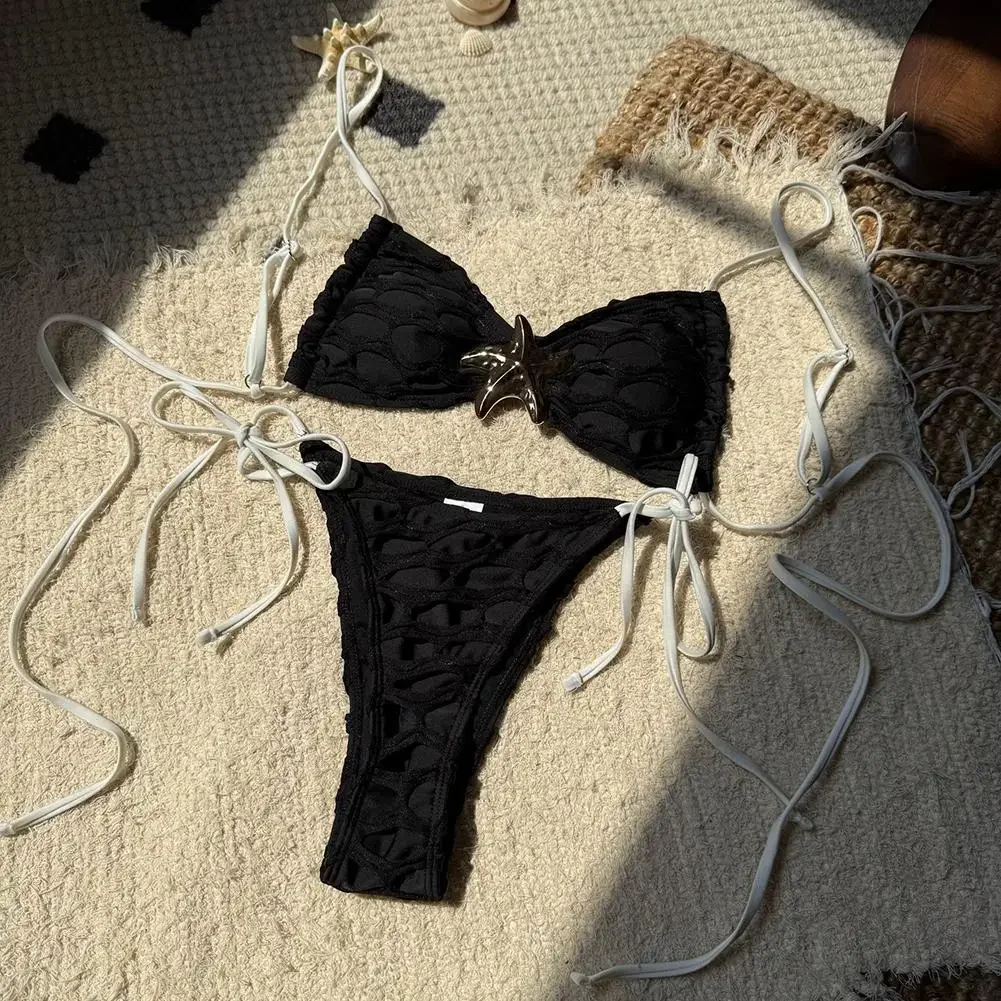 

Women's Solid Color Casual Bikinis Set Swimwear Mesh Splicing Drawstring Strap Bikini Split Swimsuit Ladies Low Rise Underwear