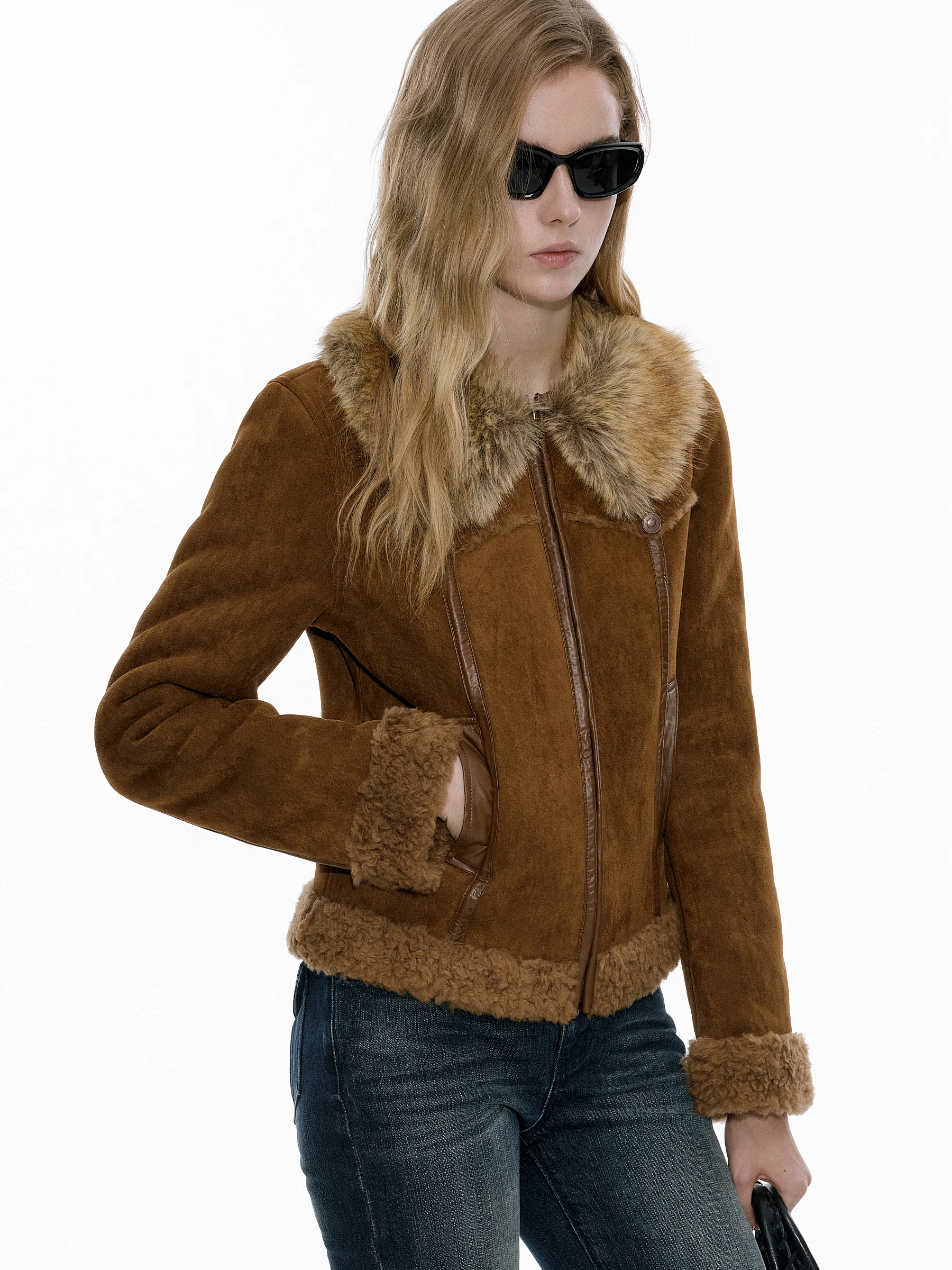 AYF 取り外し可能な毛皮の襟革と毛皮一体型ショートジャケットヴィンテージスタイルの女性のアウターウェア冬オリジナルデザイン