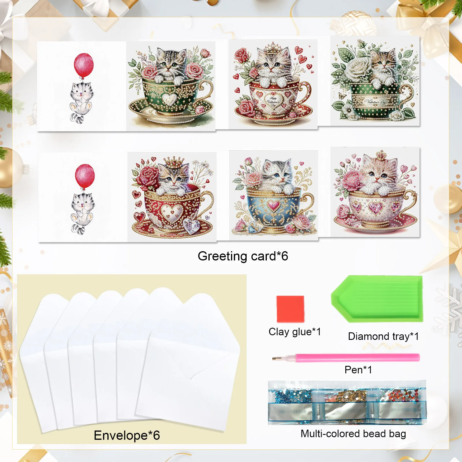 6Pcs Diamond Art Painting Greeting Card Kits,Teacup Cat festival Greeting Cards with Envelopes Diamond Art Craft Birthday Cards